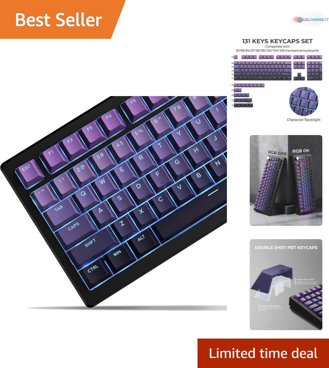 Custom PBT Keycaps Gradient Purple Shine Through Ergonomic Gaming Keyboard set
