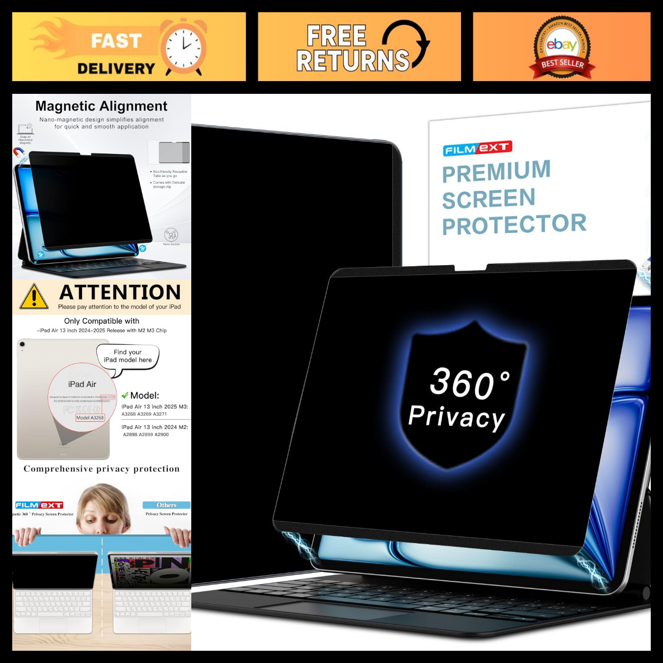 4-Way Magnetic Privacy Screen for iPad Air 13" (M4/M3/M2, 7th/6th Gen) - Anti-Gl