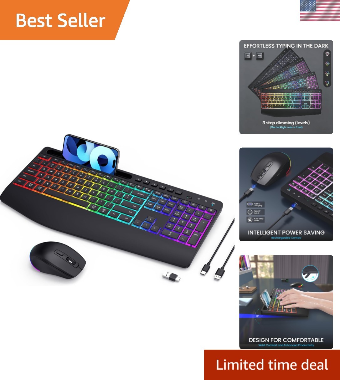 Stylish Full-Size Wireless Keyboard & Mouse Combo | Rechargeable RGB Backlit Set