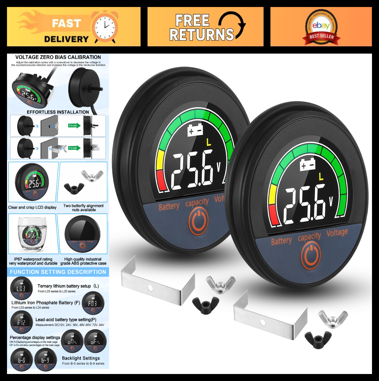 2 Set LCD Digital Battery Monitor 12V-84V with Alarm - Voltage & Capacity Meter