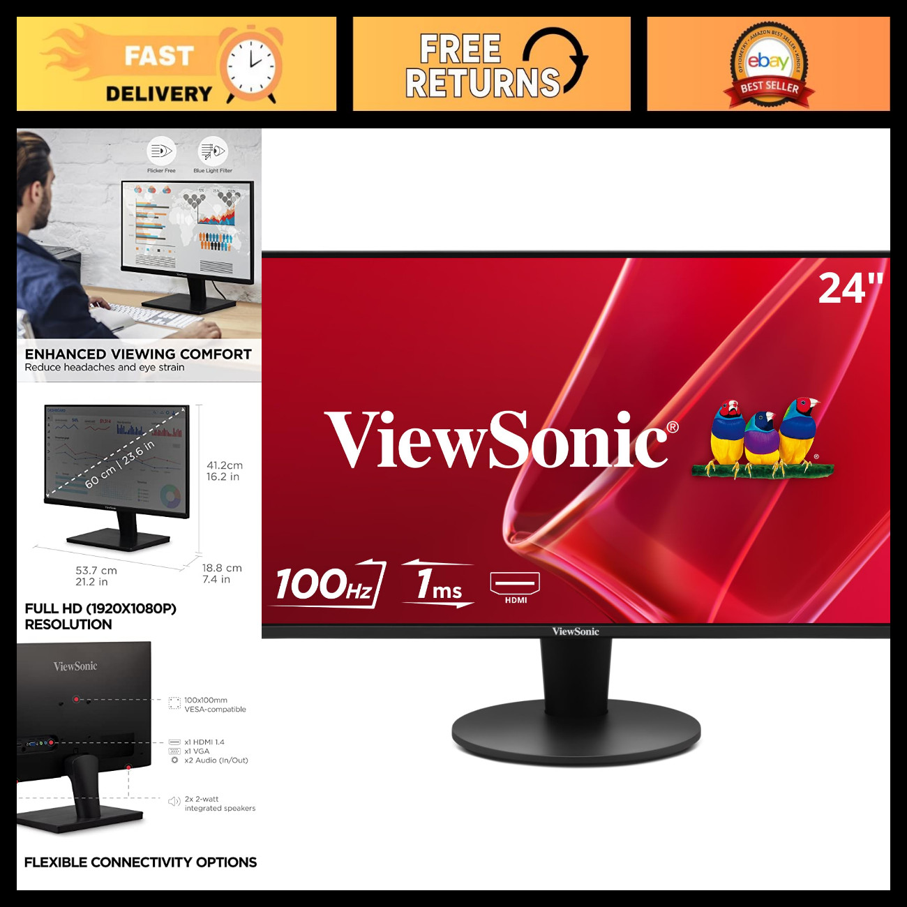24" 1080p Computer Monitor, 100Hz LED Display, Full HD, HDMI, VESA Mountable