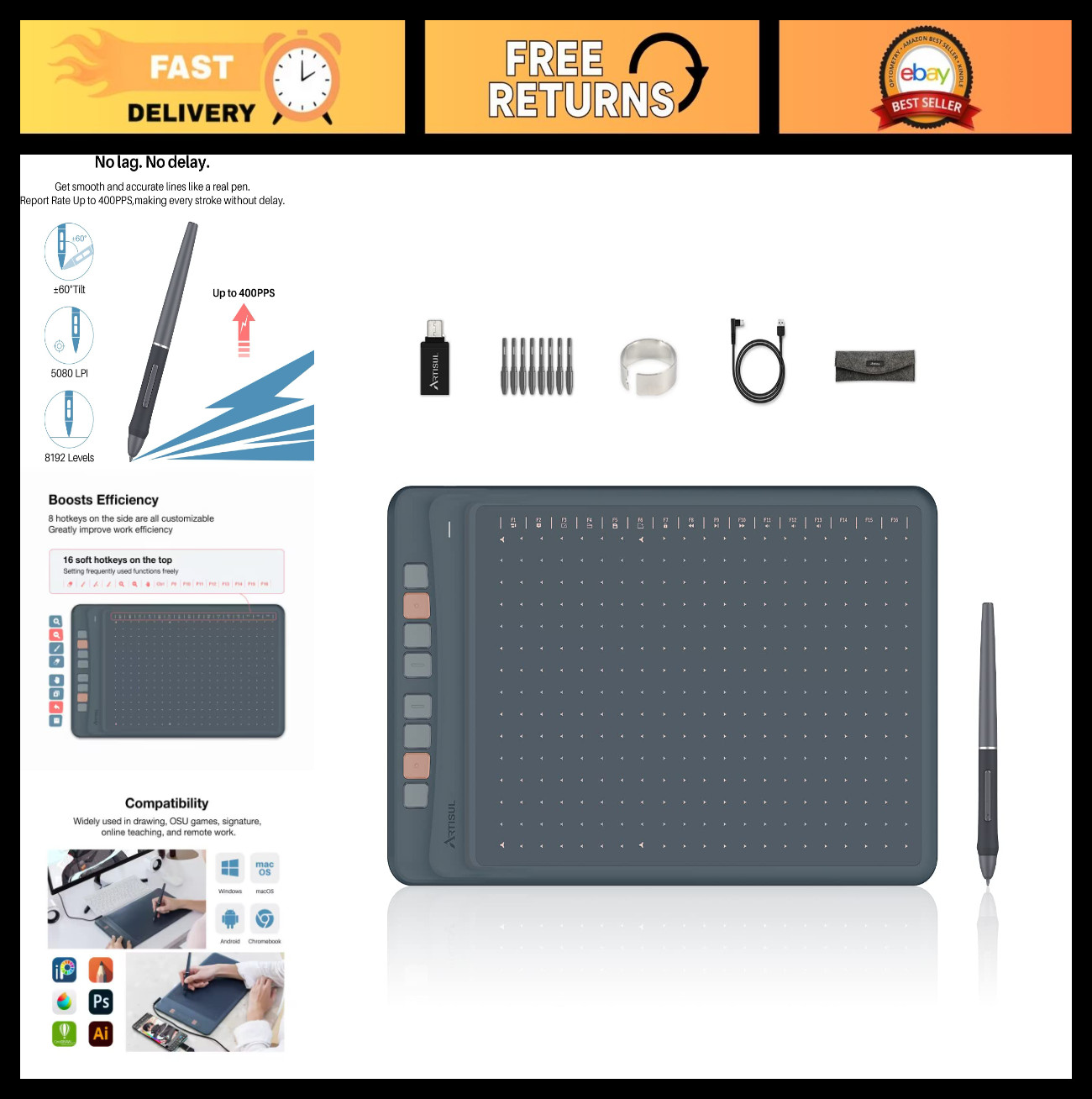 10x6 Drawing Tablet with 440PPS Report Rate & Tilt Support for Digital Art