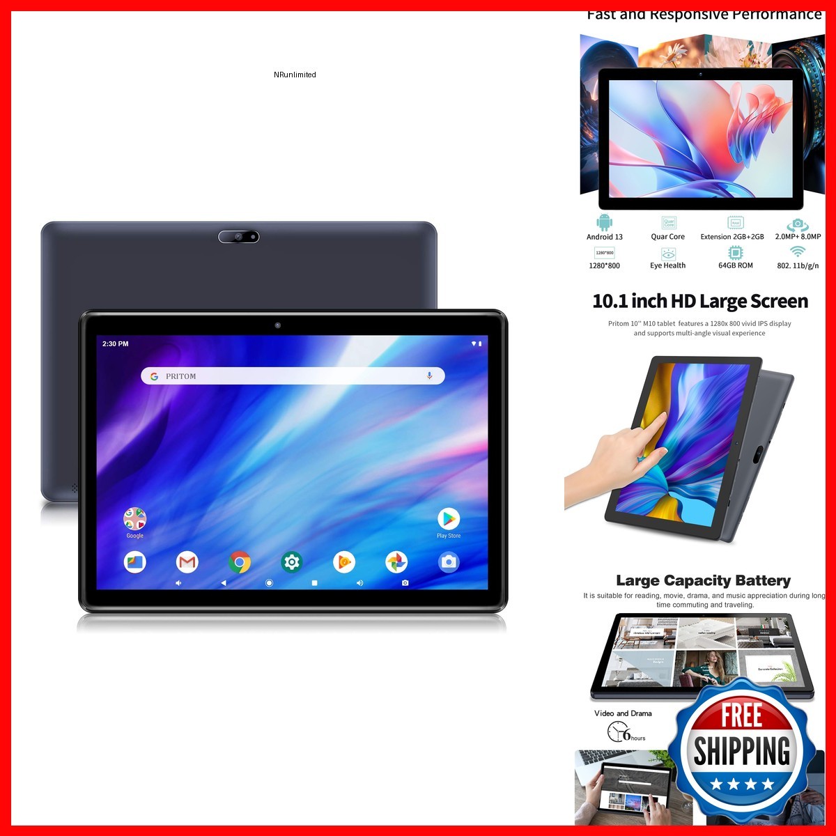 PRITOM M10 Tablet 10 inch 64GB Android HD IPS Screen 6000mAh Black