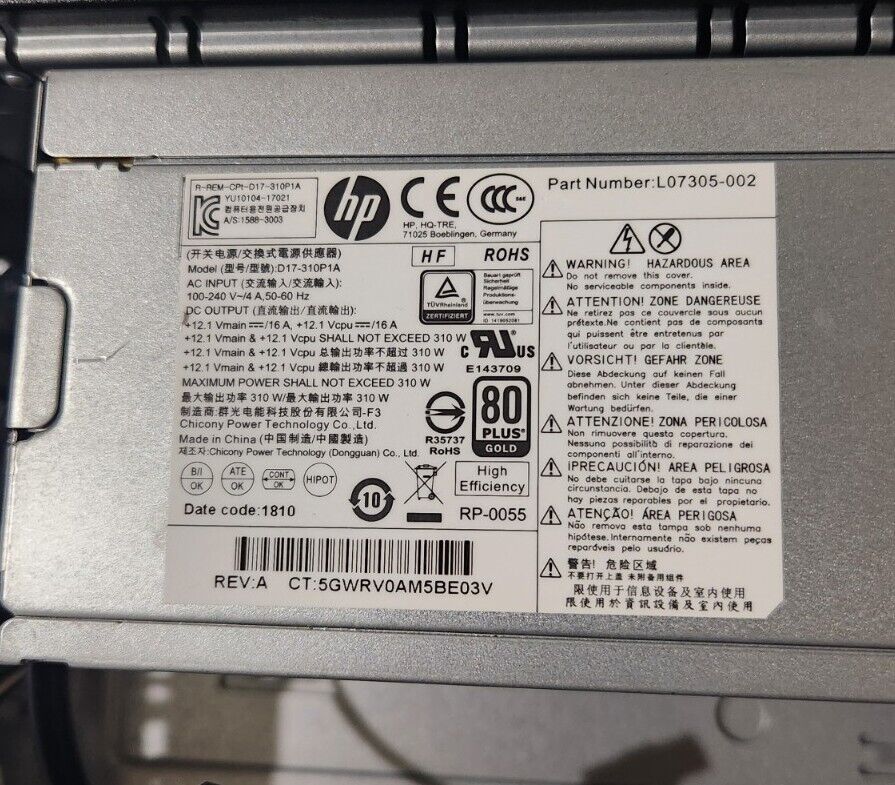 HP L07305-002 Z2 G4 SFF 310W PSU Power Supply
