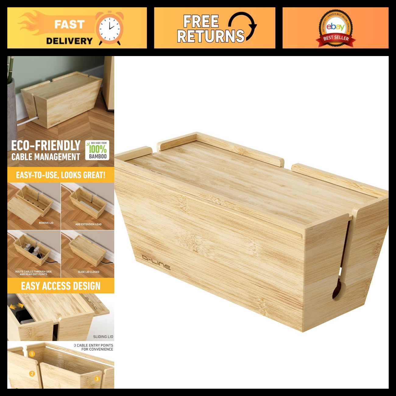 Bamboo Cable Management Box - Large Cord Organizer for Home & Office, Natural Fi