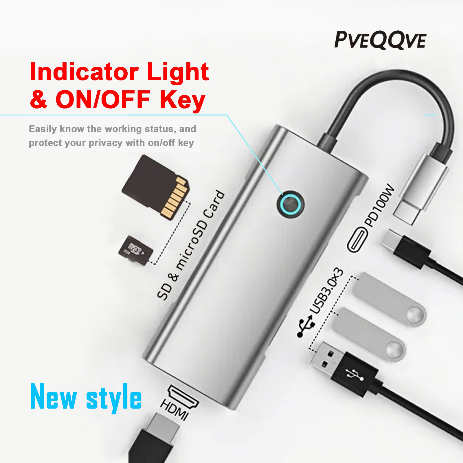 USB-C Hub with On/Off Switches - 4K HDMI,100W PD,USB 3.0 5Gbps,SD/TF for Laptop