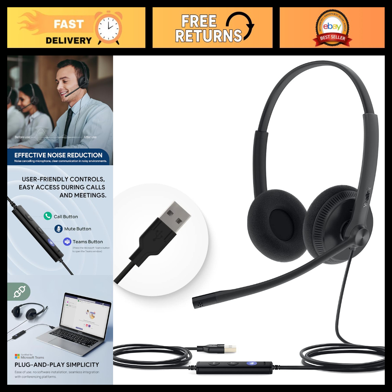 Wired USB-A Headset with Noise Canceling Mic & In-Line Controls for Clear Calls