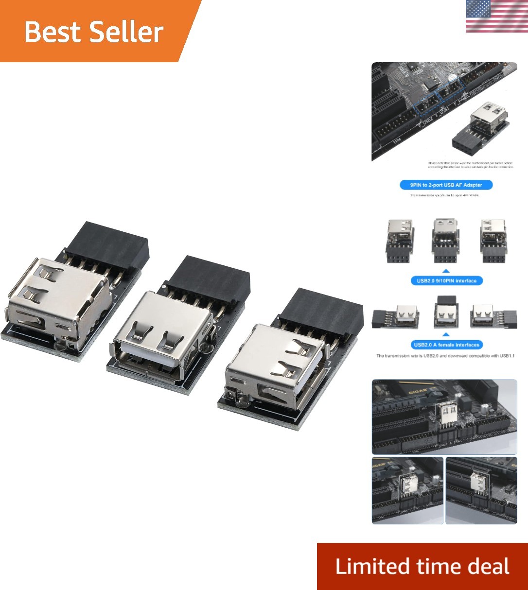USB 2.0 9Pin/10Pin Front Panel Header USB 9pin to Type A Adapter
