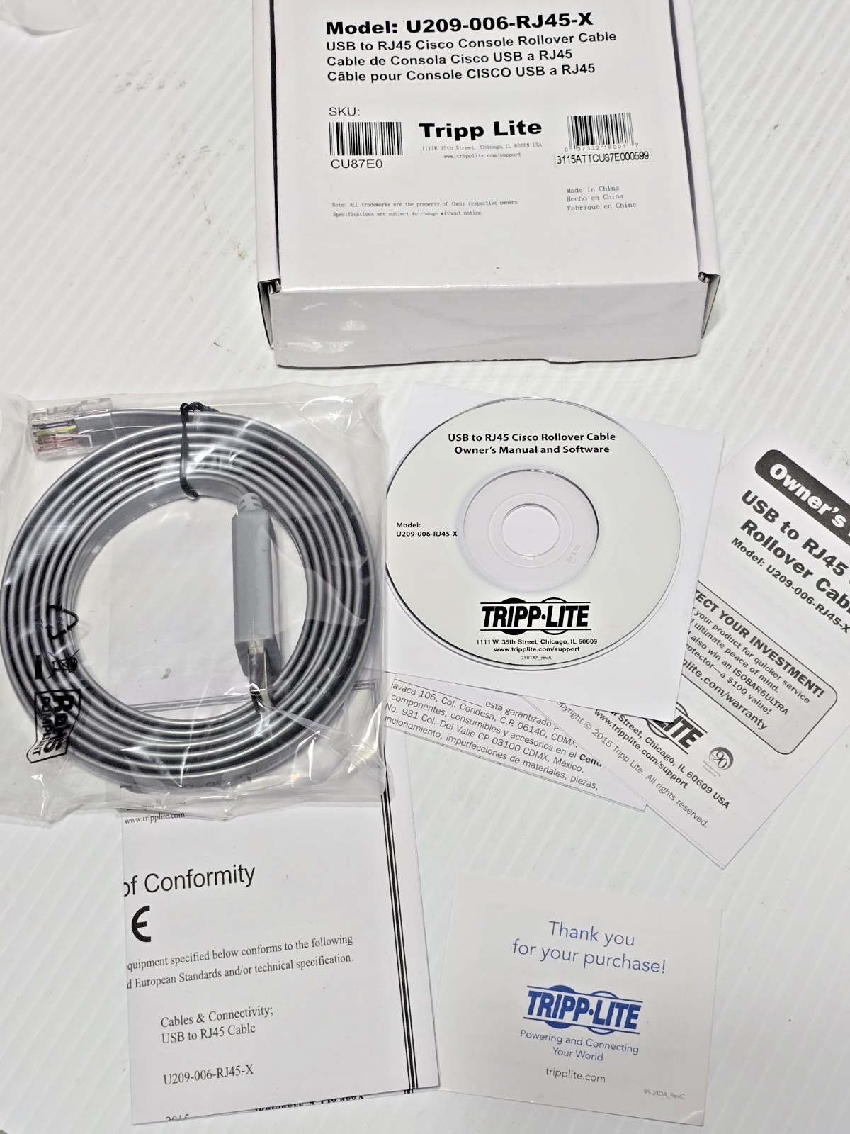 TRIPP LITE USB To RJ45 6ft CISCO Serial CONSOLE ROLLOVER CABLE U209-006-RJ45-X