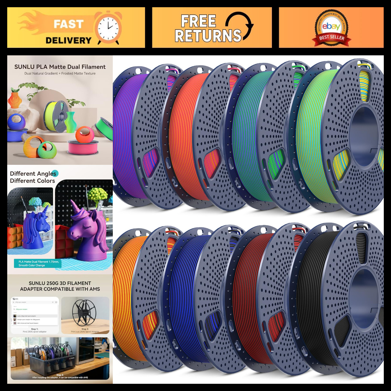 Dual Color PLA 3D Printer Filament 1.75mm - 8 Spools 250g, High Quality, Vibrant