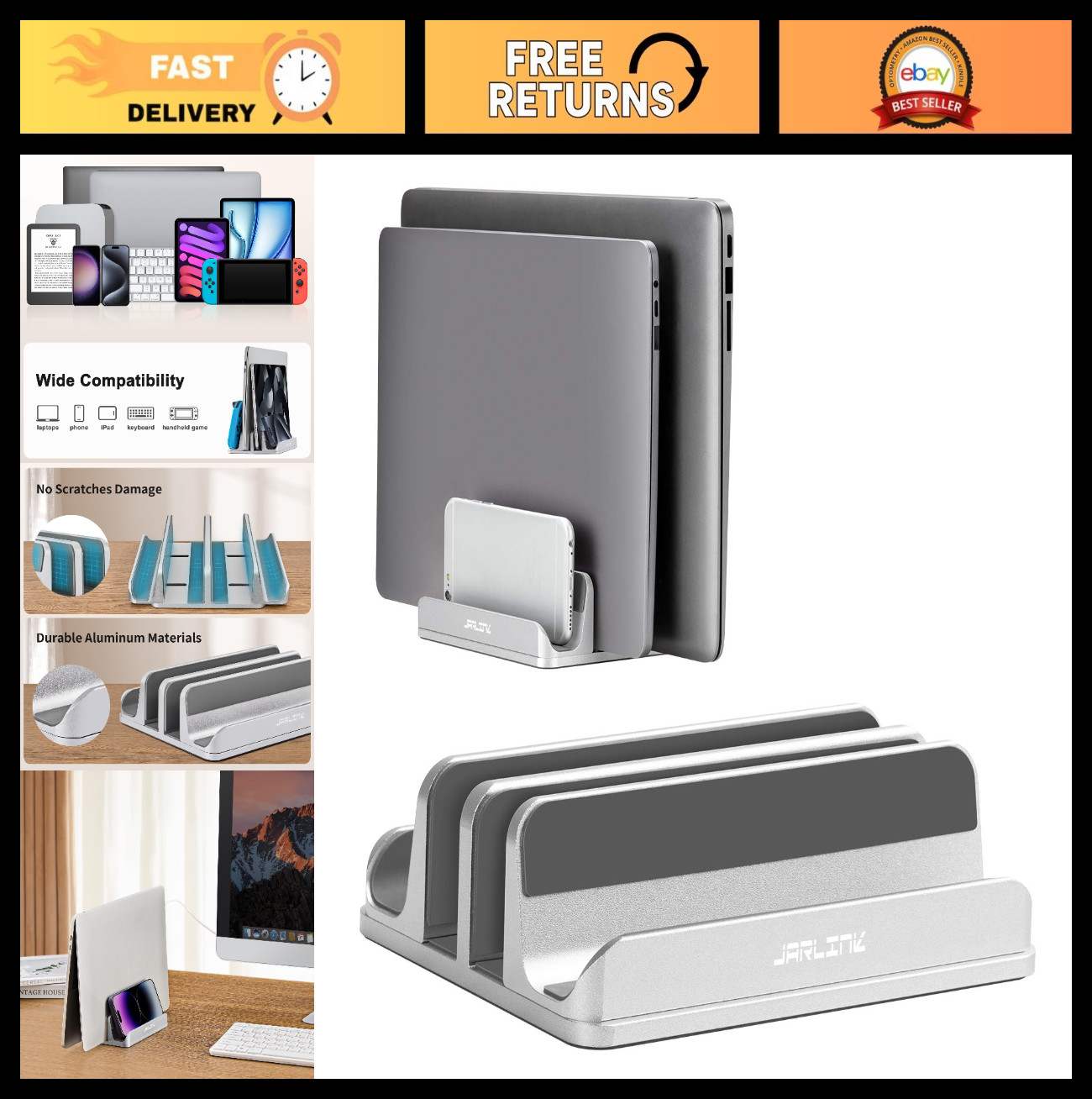 4-in-1 Adjustable Vertical Laptop Stand - Space-Saving Aluminum Holder for MacBo
