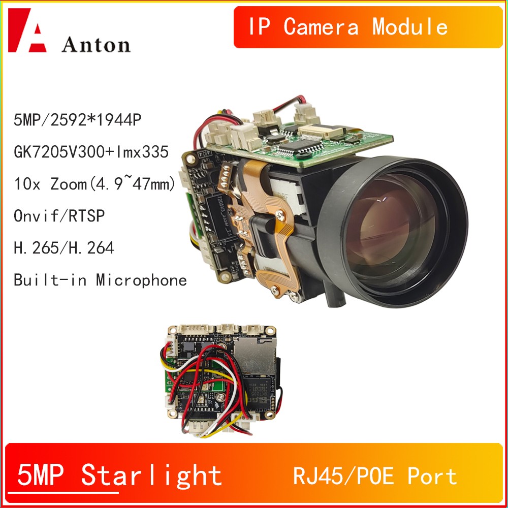 10x Zoom PTZ 5MP IMX335 IP Camera Module PoEStarlight H.265 Mic RJ45 Onvif RTSP