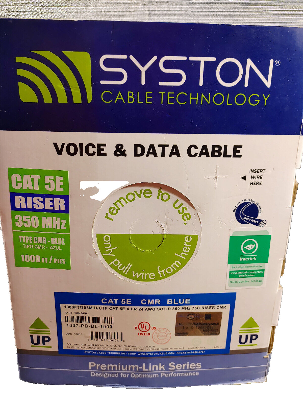 Syston Cable Technology Cat 5e Voice Fiber Data Blue Cable Communications Riser