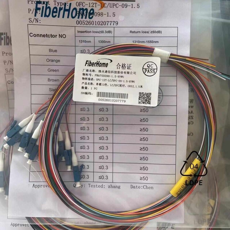 FiberHome LC UPC SingleMode Fiber Optic Pigtail 12 Strand Bundle Fiber 1.5m