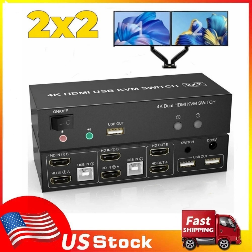 HDMI KVM Switch Dual Monitor 4K@60Hz USB KVM Switcher 2 Port for 2 Computers 