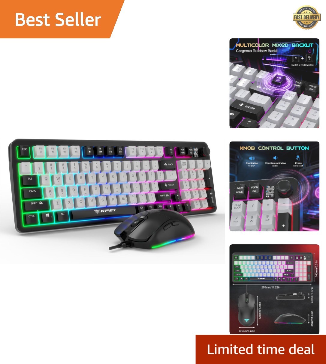 Mechanical Feel Gaming Keyboard with RGB Backlight & Volume Knob - 98 Keys