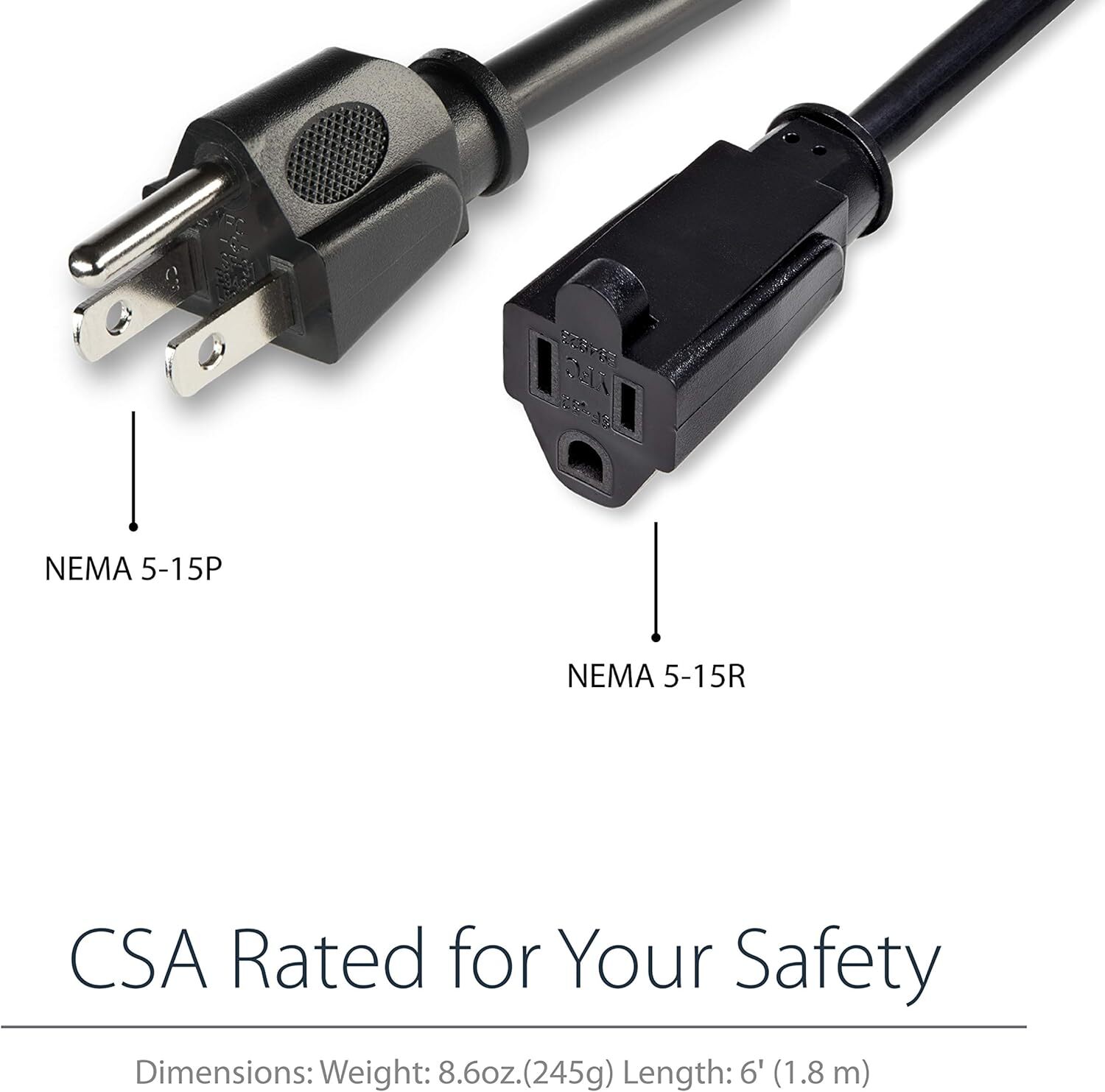 StarTech 6 ft. (2m) Power Extension Cord, NEMA 5-15R to NEMA 5-15P Black