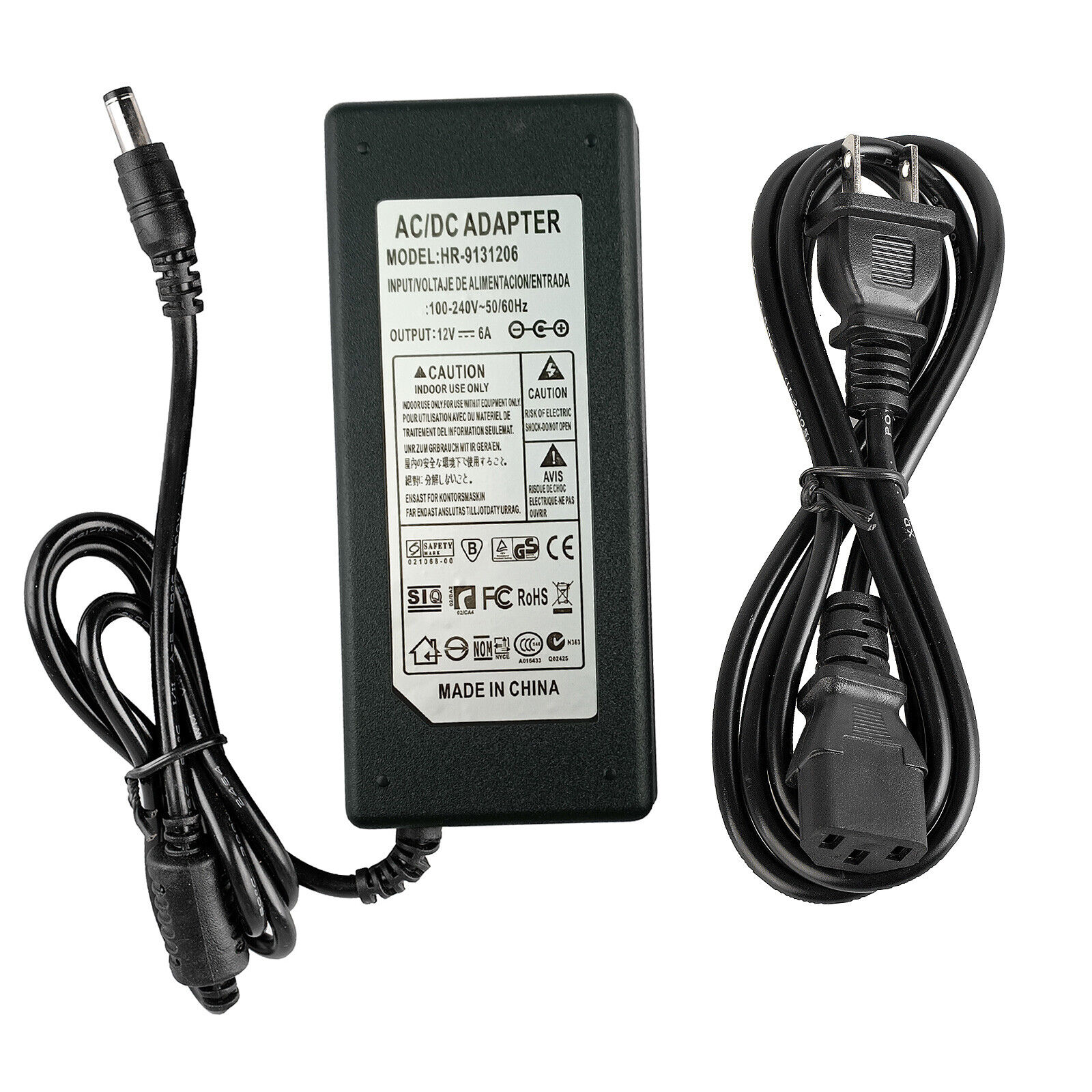 DC 12V 6A Power Supply Adapter 5.5x2.1mm US CA 2pin AC Cable for LCD DVR Laptop