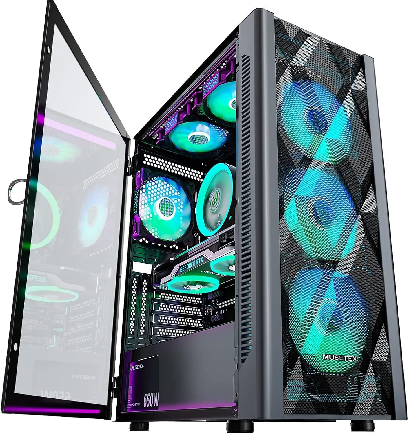 ATX PC Case Pre-Install 6 PWM ARGB Fans, Polygonal Mesh Computer Gaming