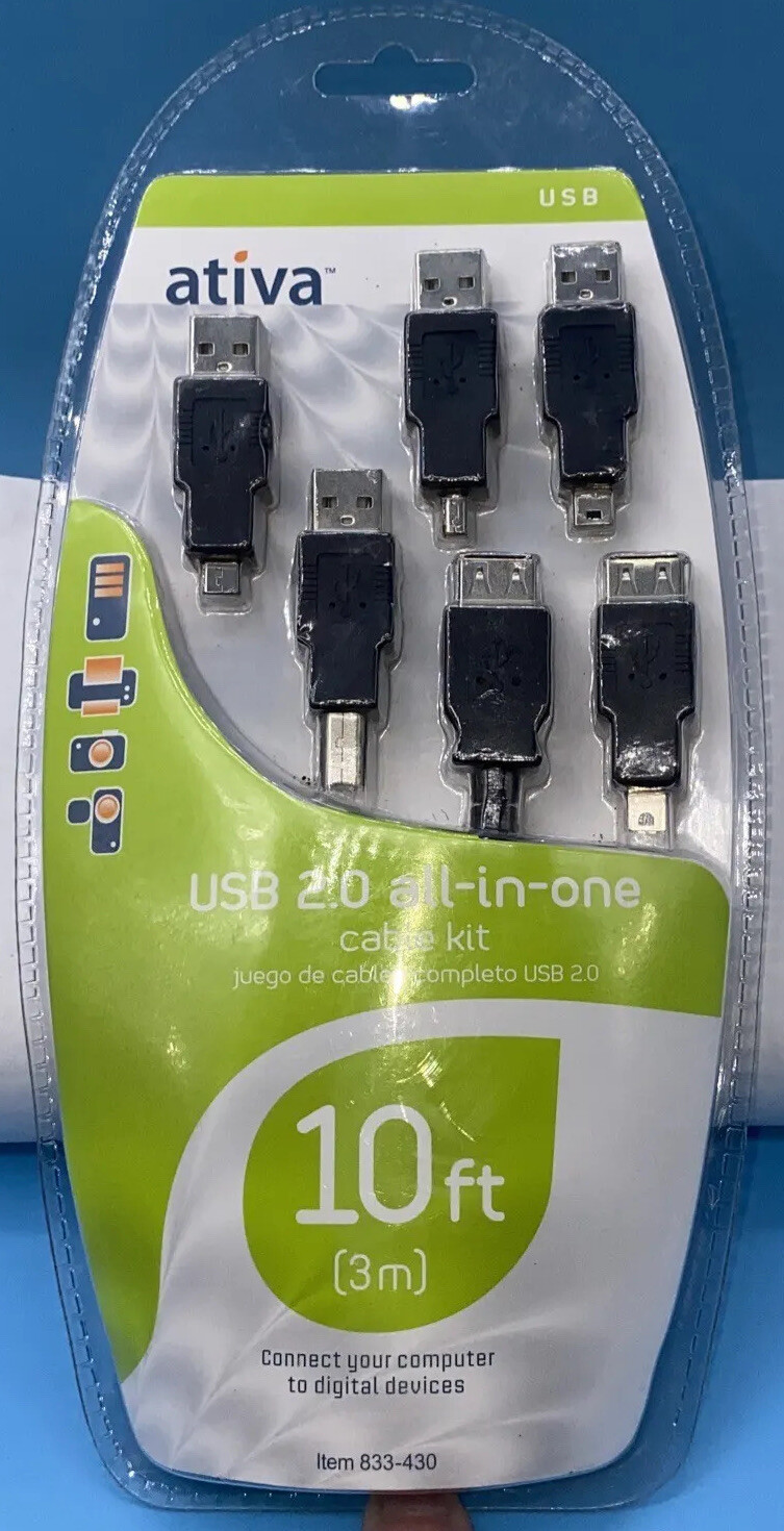 Ativa 6-In-1 USB Cable Kit 10ft. Brand New Sealed Pkg