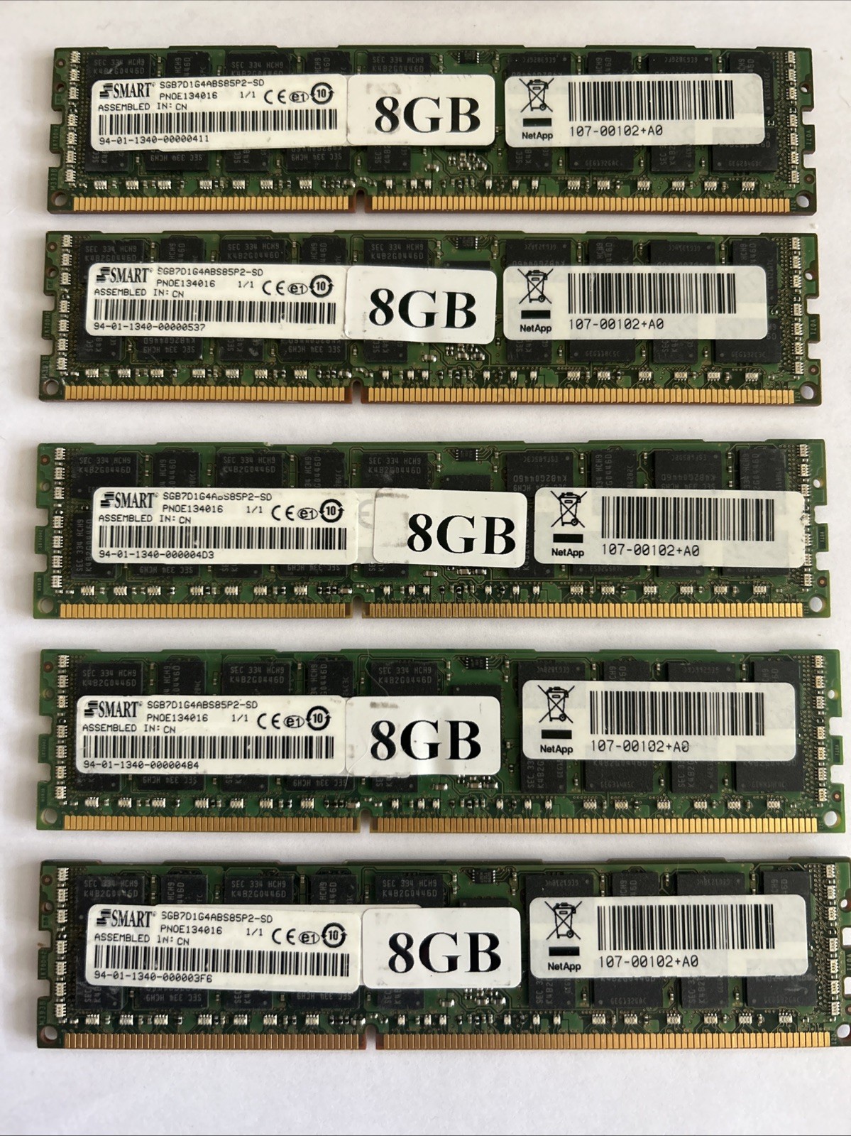 Lot of 5 SMART SGB7D1G4ABS85P2-SD NetApp 107-00102+A0 8GB ECC DDR3 Server RAM