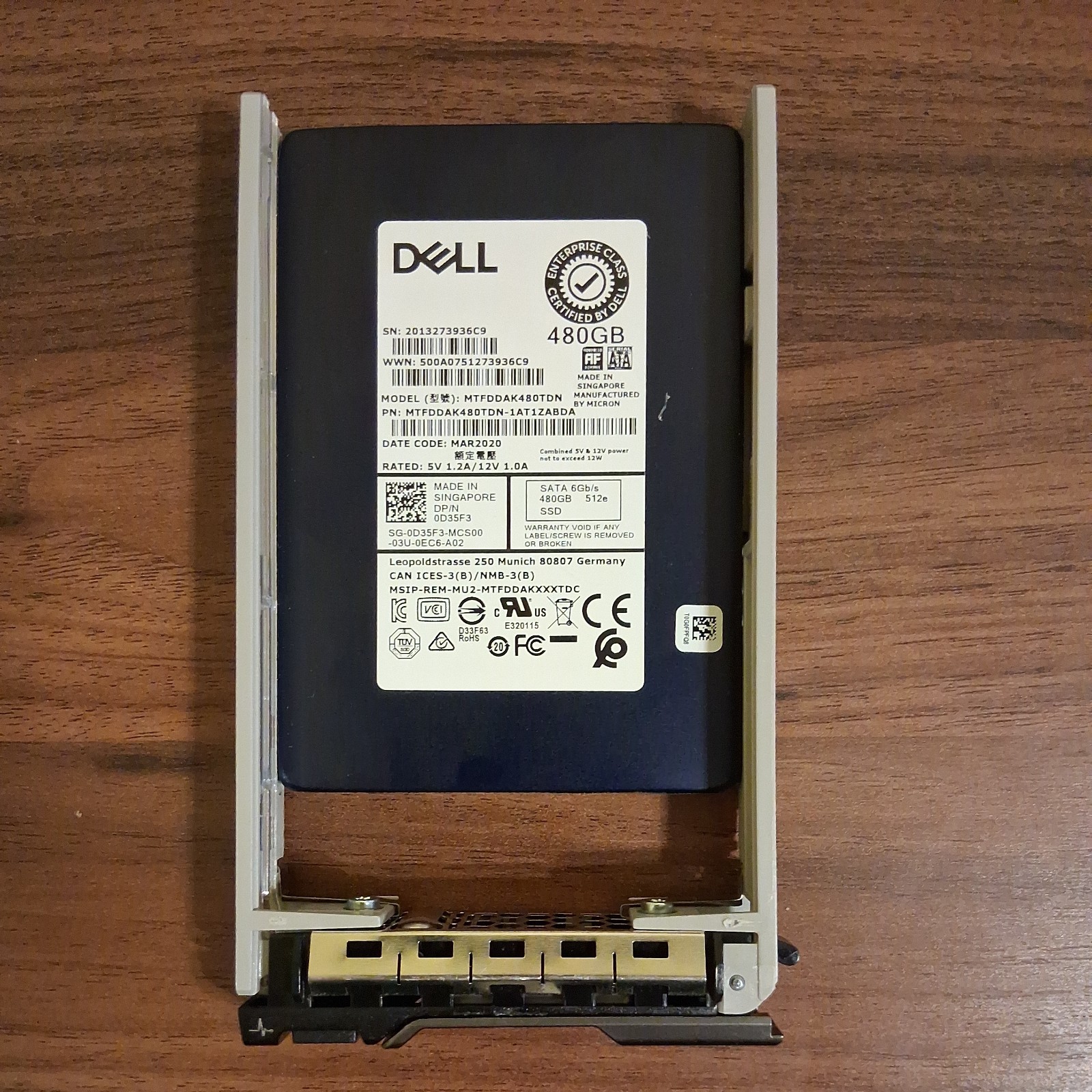 D35F3 Dell 480GB SATA Mixed Use 2.5" 6Gbps 512e 0D35F3 MTFDDAK480TDN SSD