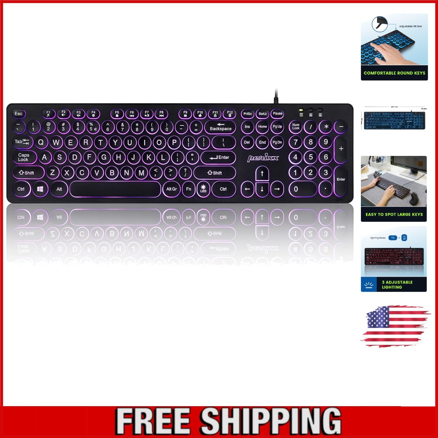 Periboard-317R - Ergonomic USB Keyboard with Easy Access Hotkeys & Backlighting