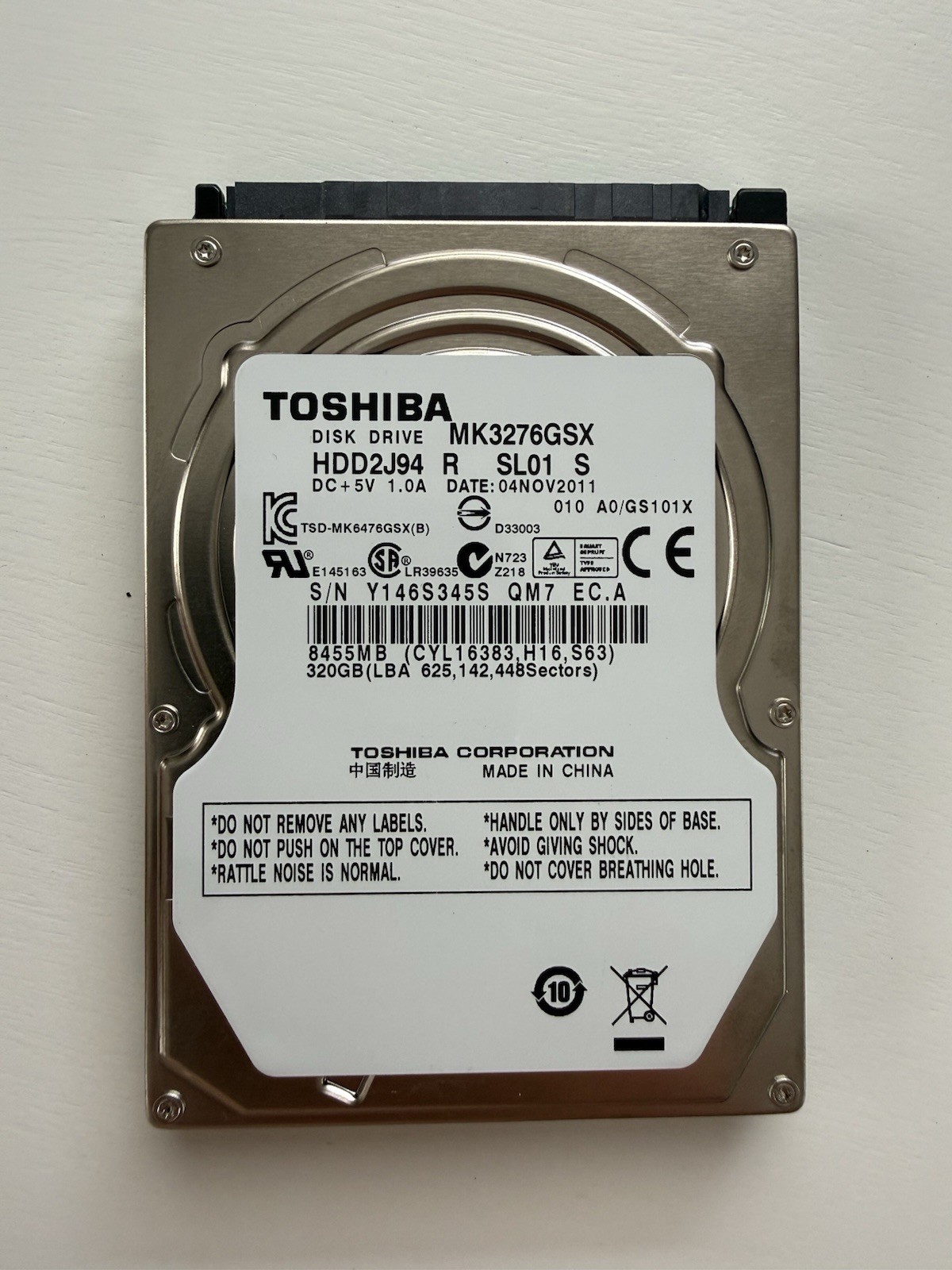 Toshiba MK3276GSX 320GB 8MB Laptop Hard Drive 5400RPM HDD - OPENED/ NEVER USED