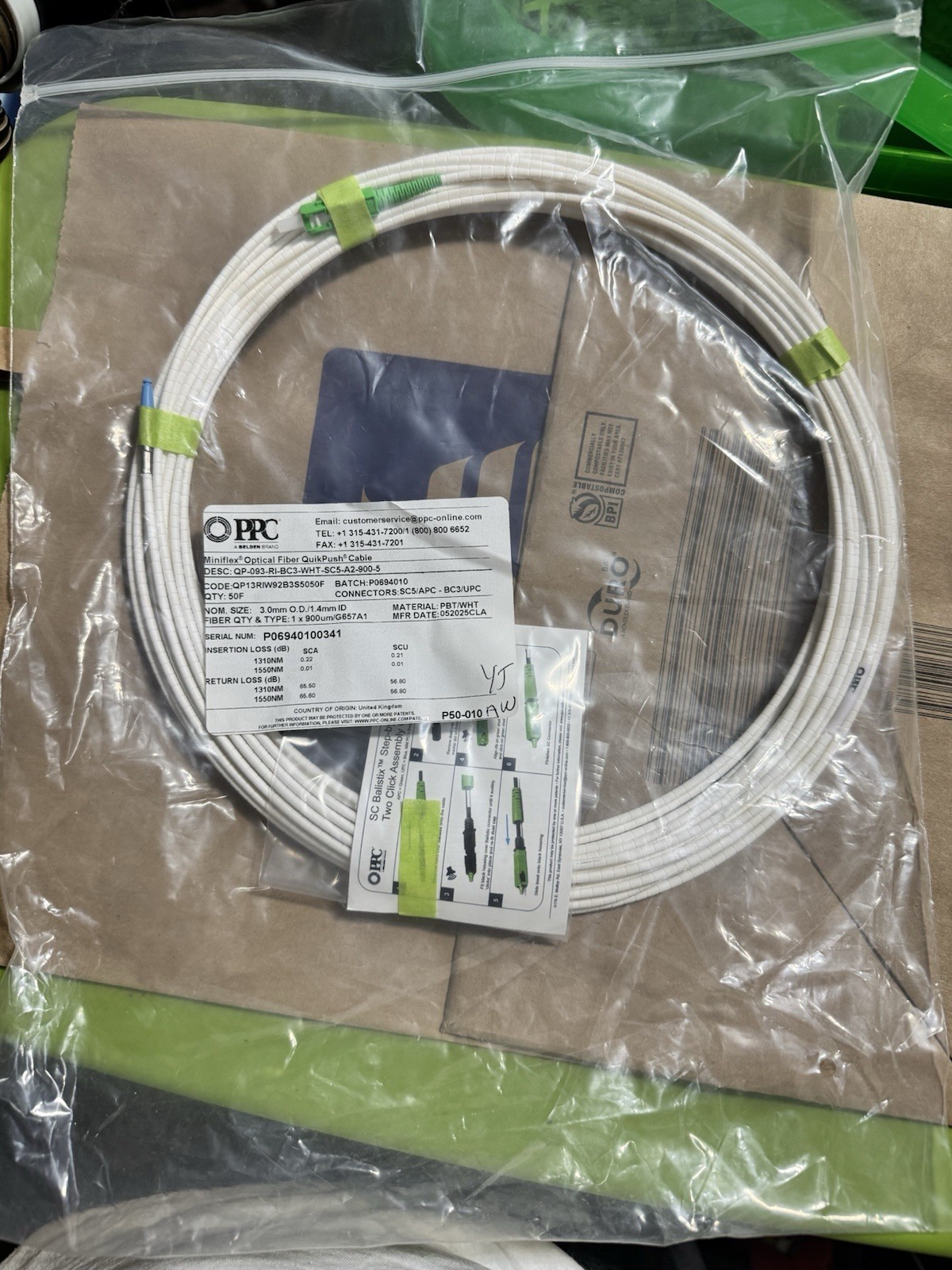 PPC Miniflex Fiber QuikPush Cable SC/APC-BC3/UPC 50ft Single-mode  
