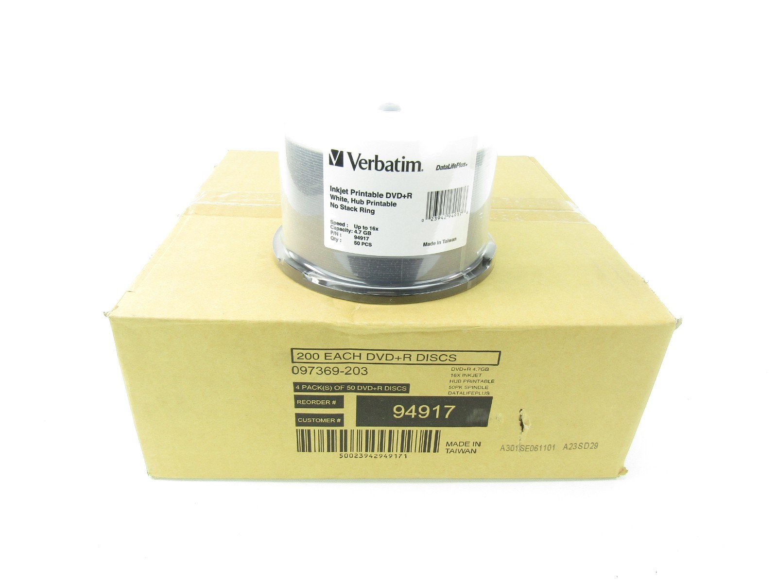 Case of 200 Verbatim DataLifePlus Inkjet Printable DVD+R Discs - 4.7GB - 16X