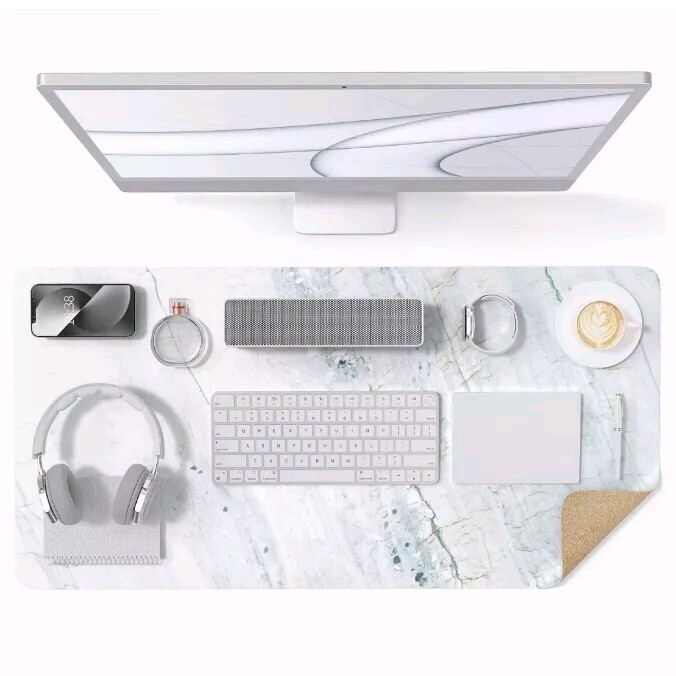 Crenovo Natural Cork Backed White Marble Computer Desk Mat Gaming Mouse Pad XL