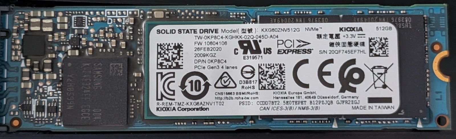 KIOXIA 512GB M.2 2280 NVMe PCIe Gen3x4 SSD KBG60ZNV512G Tested 89% Health