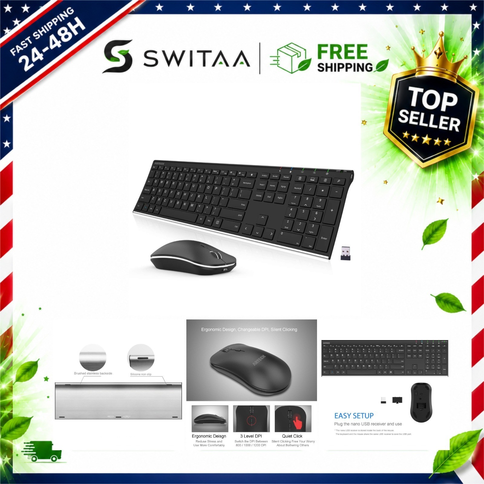 Arteck Wireless Keyboard and Mouse Combo Rechargeable Full Size Slim