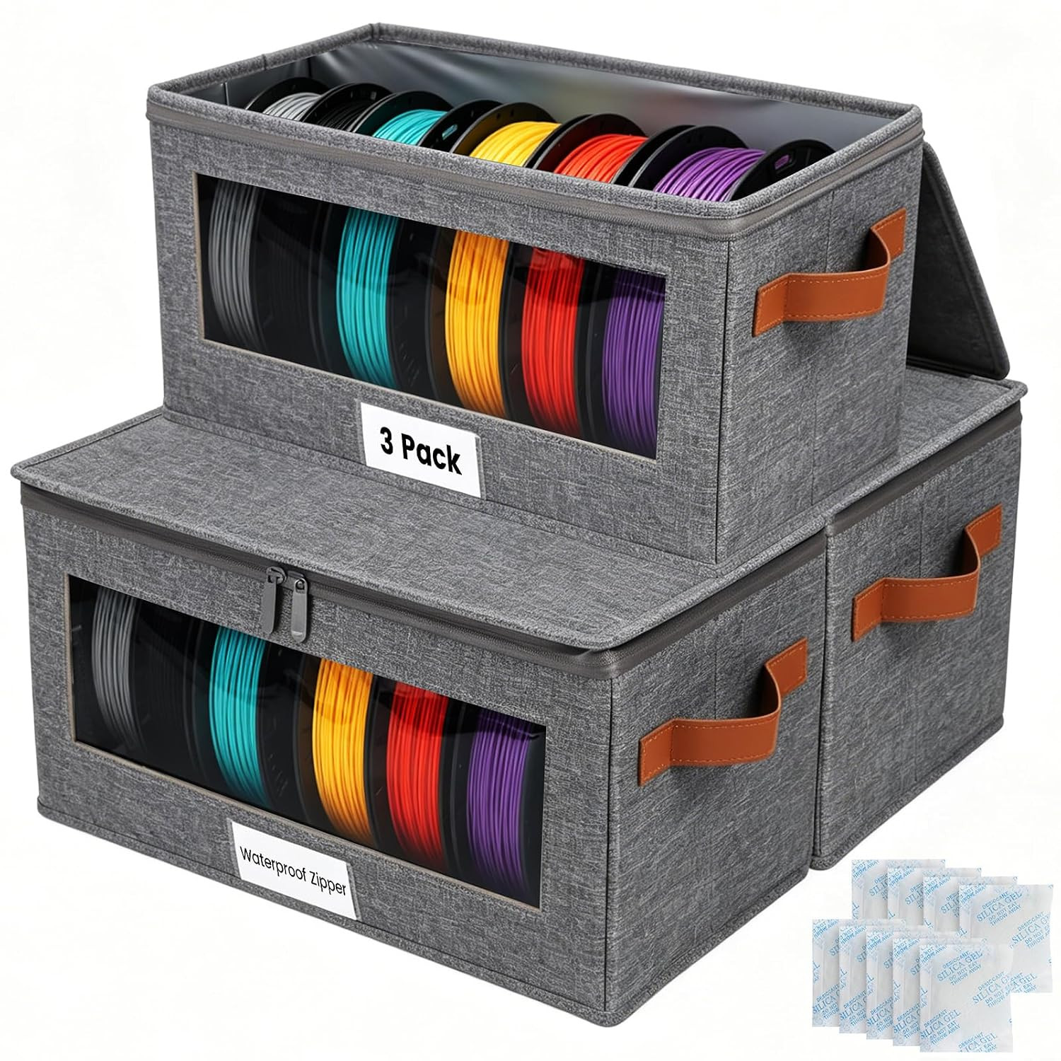 3 Pack 3D Printer Filament Storage Box with Dual Waterproof, Holds 18 Rolls | Fi