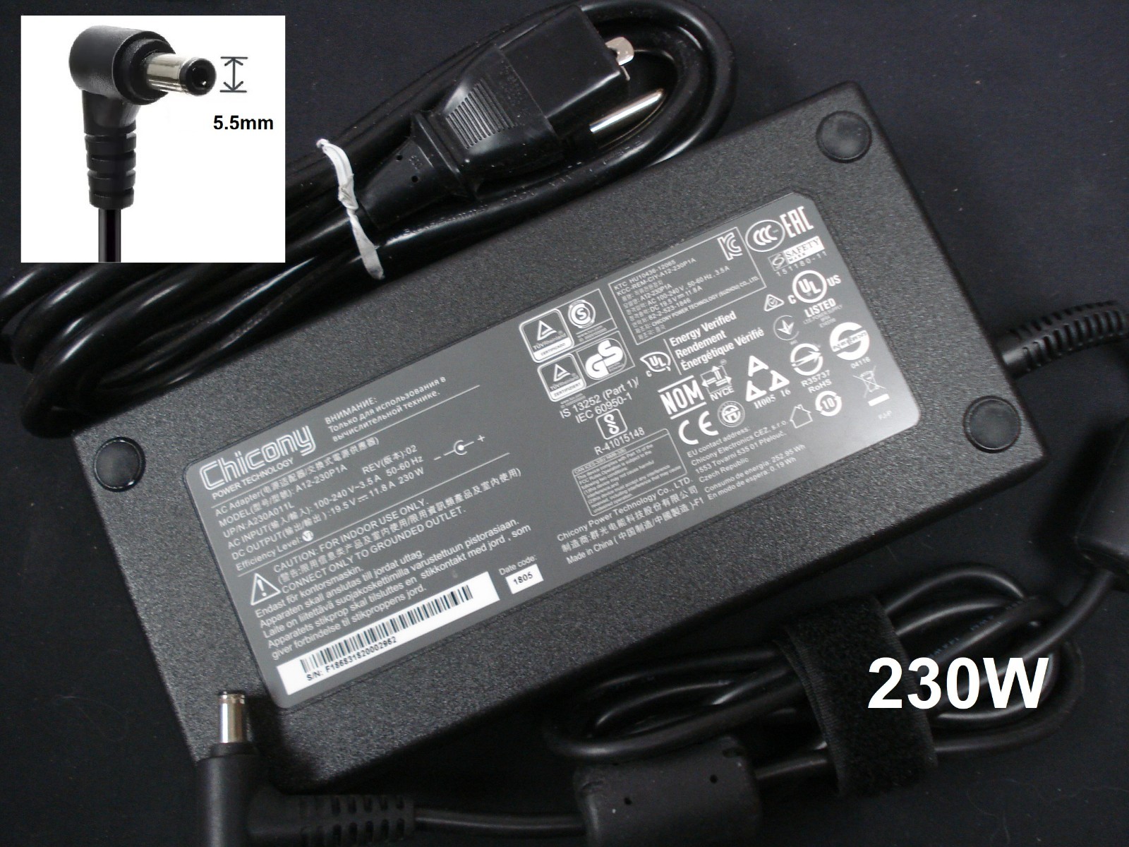 New OEM Chicony 230W 19.5V 11.8A AC Adapter Charger A12-230P1A A230A011L 5.5mm