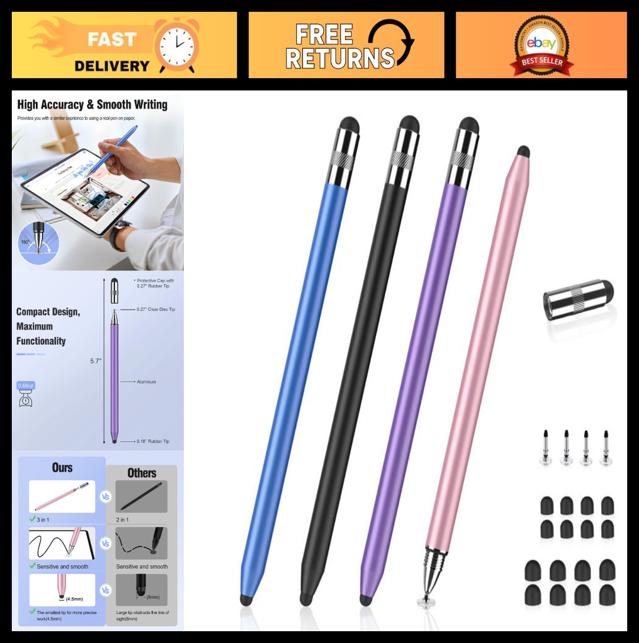 3-in-1 Touchscreen Stylus Pen Set | Fine Tips, High Sensitivity, Universal for i