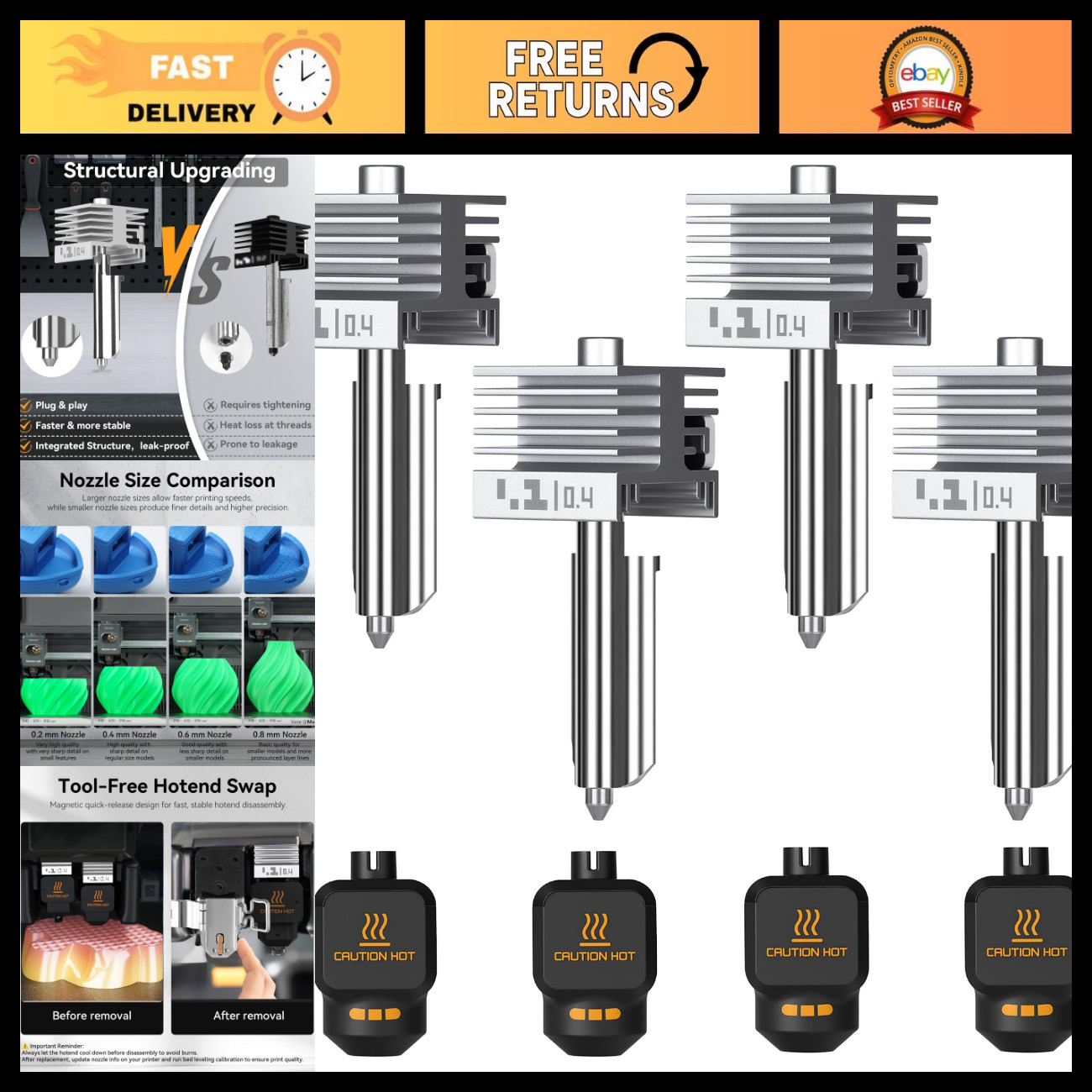 4PCS Mini Integrated Leak-Proof Hotend 0.4MM for 3D Printers, High Precision