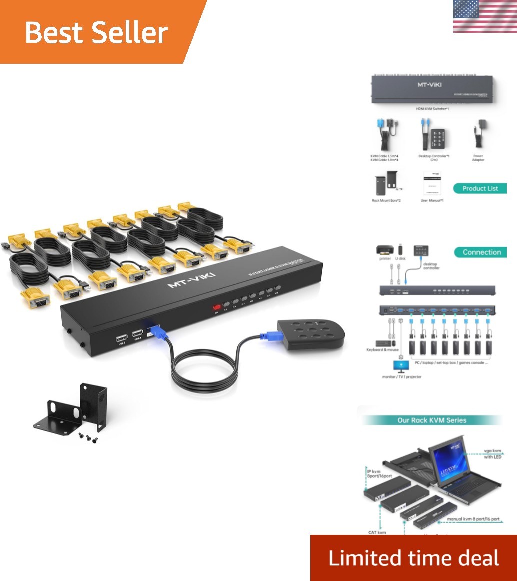 KVM Switch 8 Port, 8X1 Rackmount KVM Switch VGA, Included 8 2-in-1 KVM Cables...