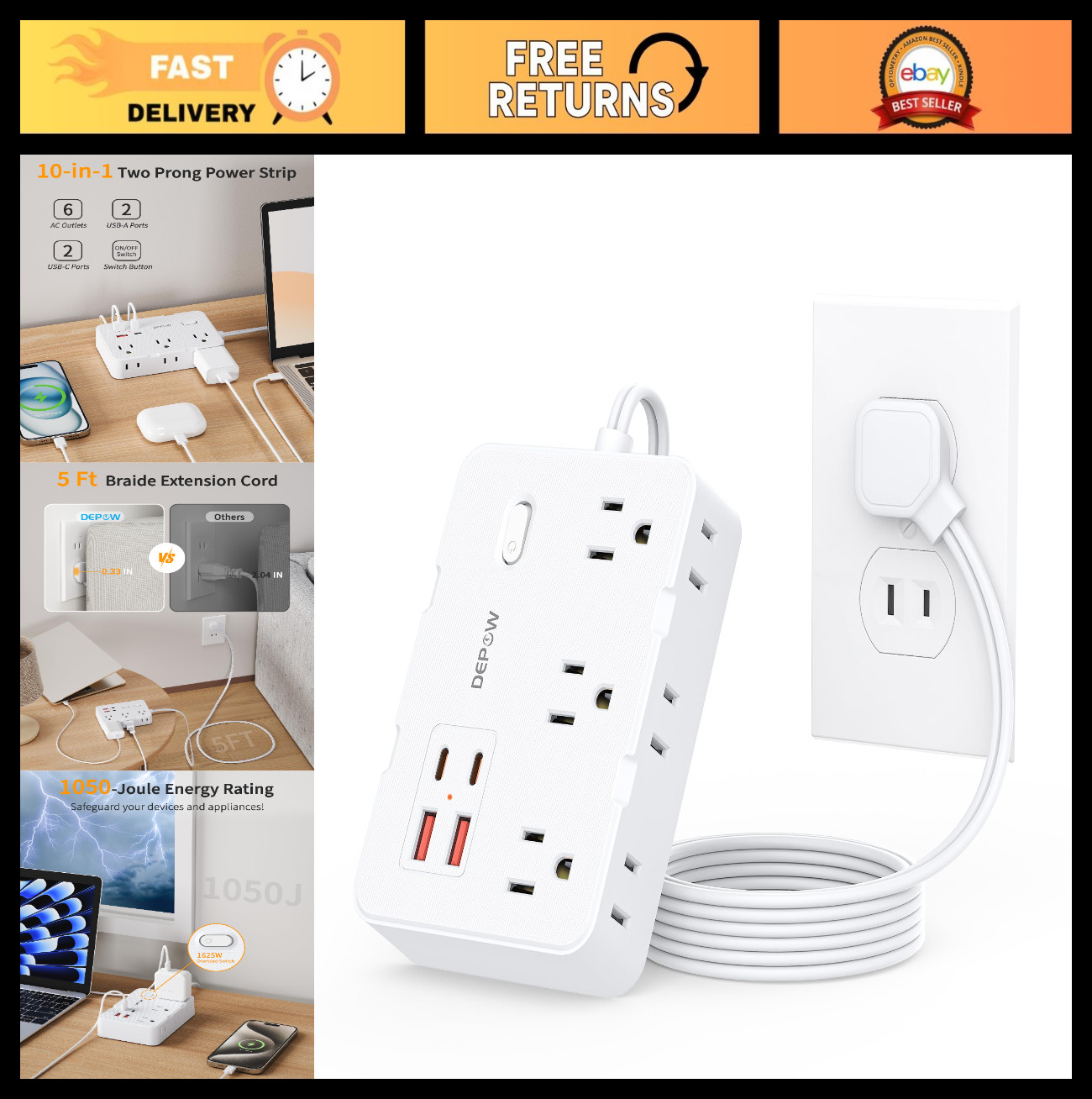 2 Prong to 3 Prong Power Strip Adapter - 6 Outlets, 4 USB Ports, Surge Protector