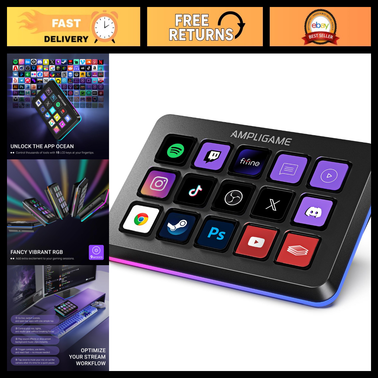 Gaming Stream Controller with 15 Macro Keys, OBS/Twitch/YouTube Shortcuts, PC/Ma