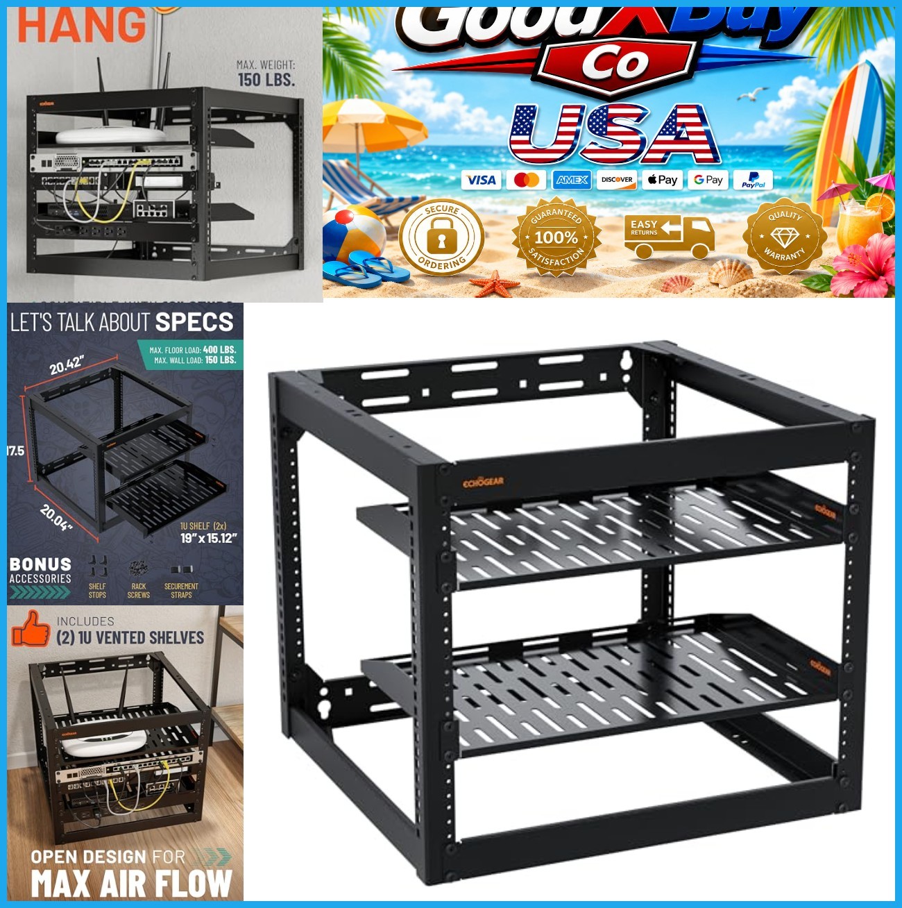10U Open Frame Server Rack 20.4 Inch Depth Wall Mount 150 Lb Capacity Vented