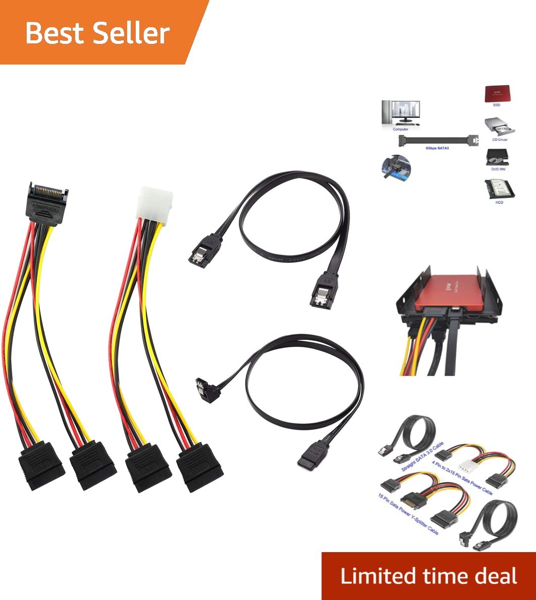 4 Pack SATA Data and Power Splitter Cable Set High-Speed 6Gbps