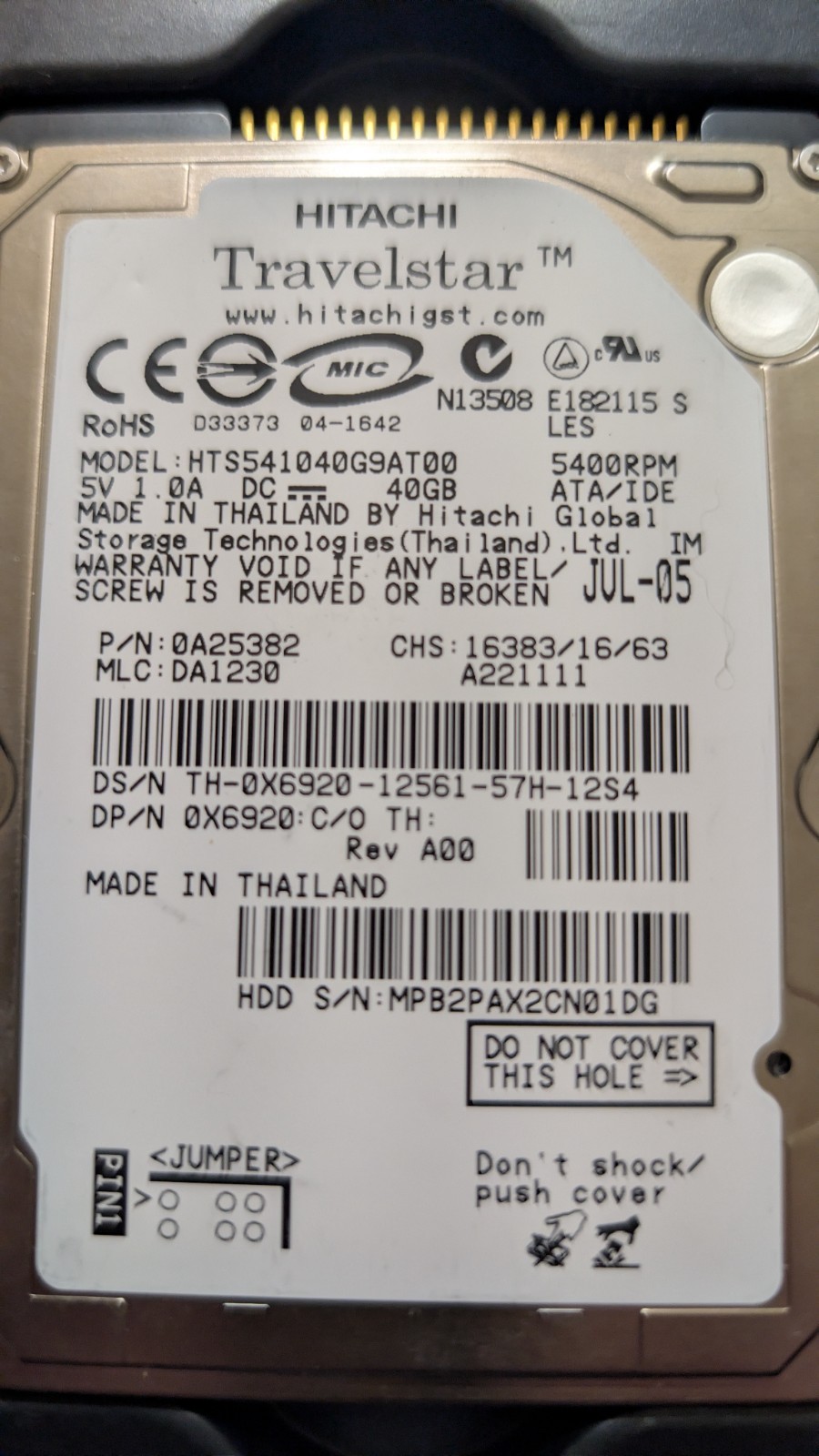 Hitachi HTS541040G9AT00 40GB 2.5" IDE HDD 5400RPM Laptop Hard Drive working