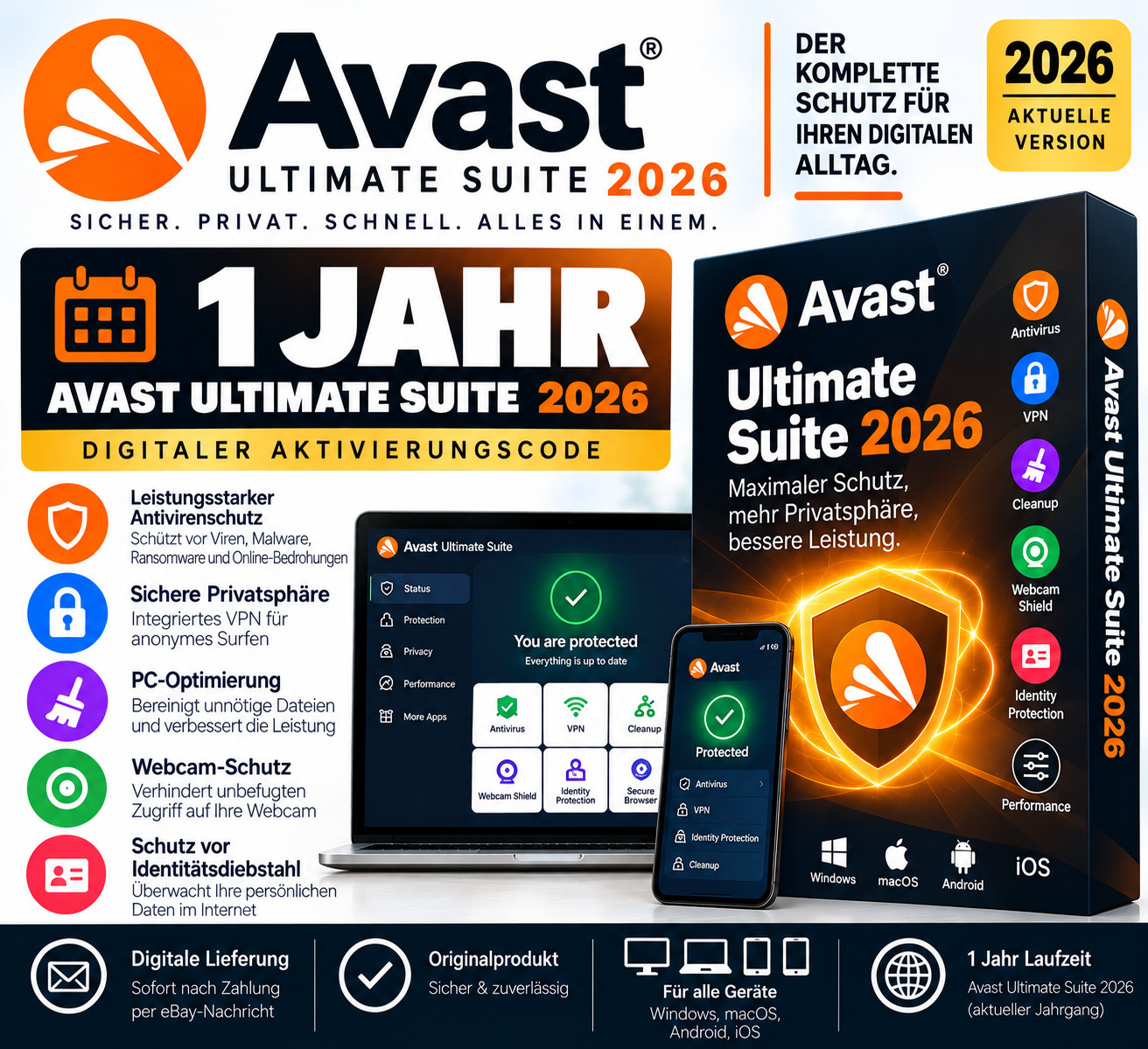 Avast Ultimate Suite 2026 | 1 Year / 12 Months | Digital Key | Antivirus VPN