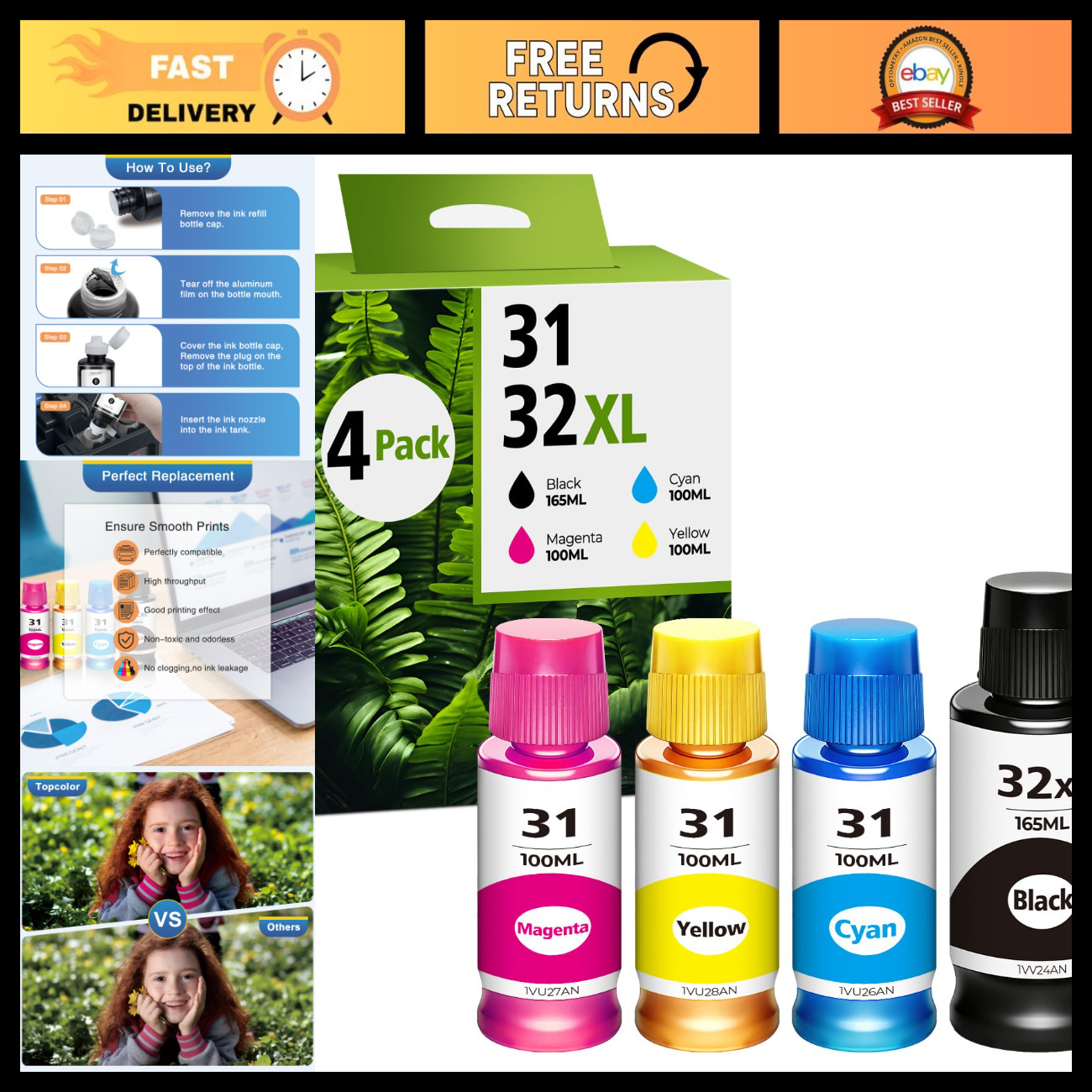 31 32XL Ink Bottle Set for HP Smart Tank 5101 7602 6001 5000 - High Yield, Compa