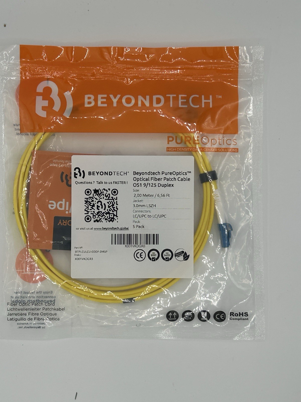 Beyondtech LC/UPC to LC/UPC OS1 9/125 Duplex Fiber Patch Cable 2M LSZH SMF