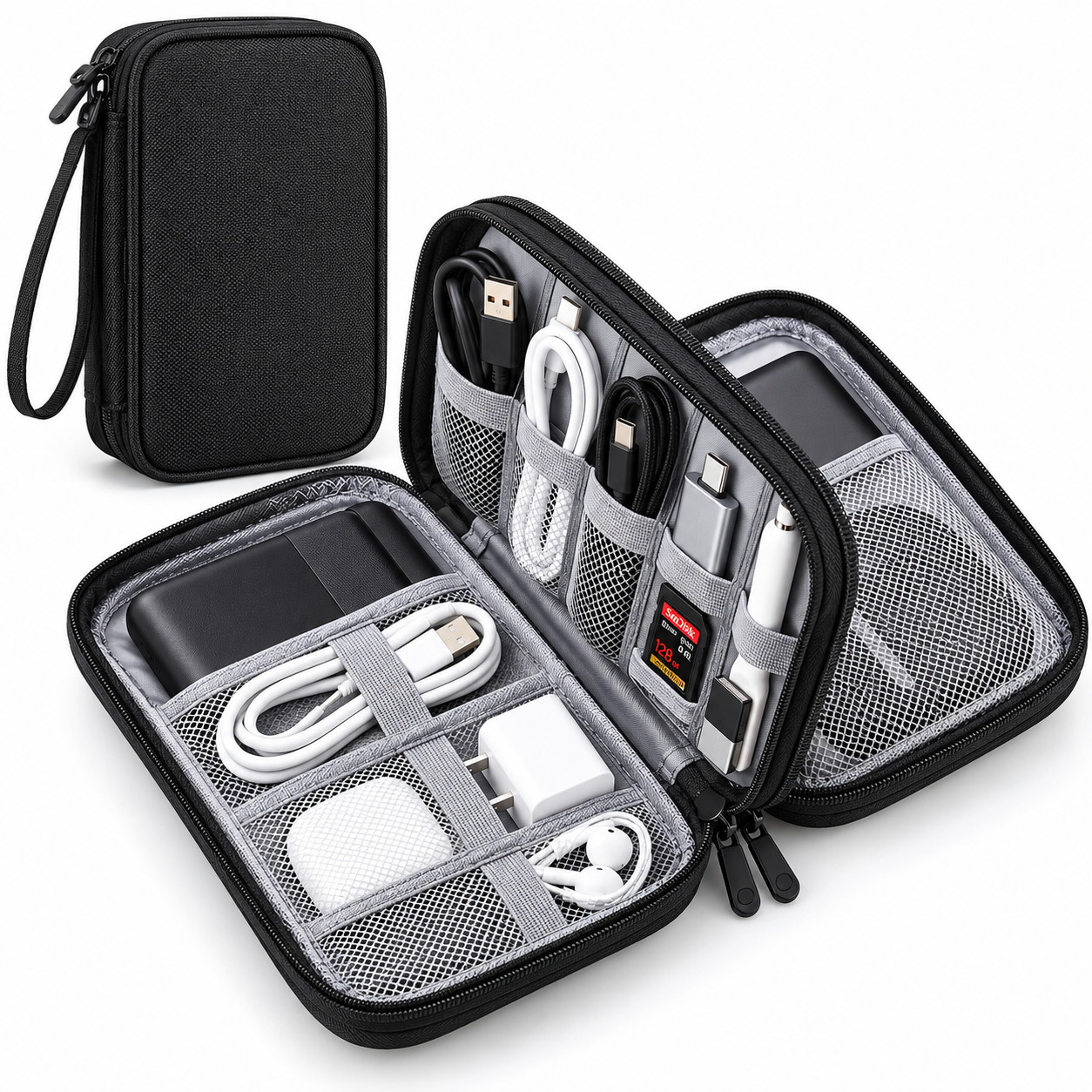 Portable Waterproof Double-Layer Zipper Storage Bag Electronic Organizer