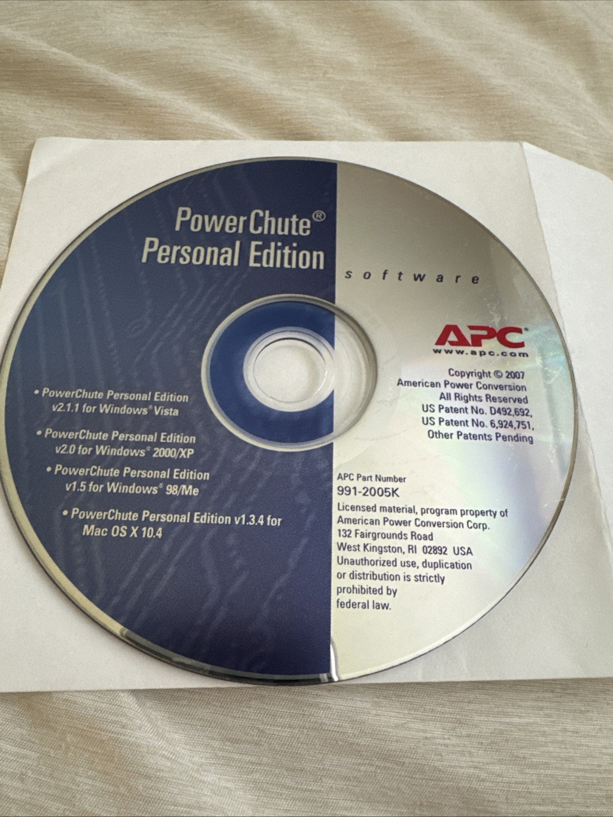 PowerChute Personal Edition Software ~APC CD 991-2005K