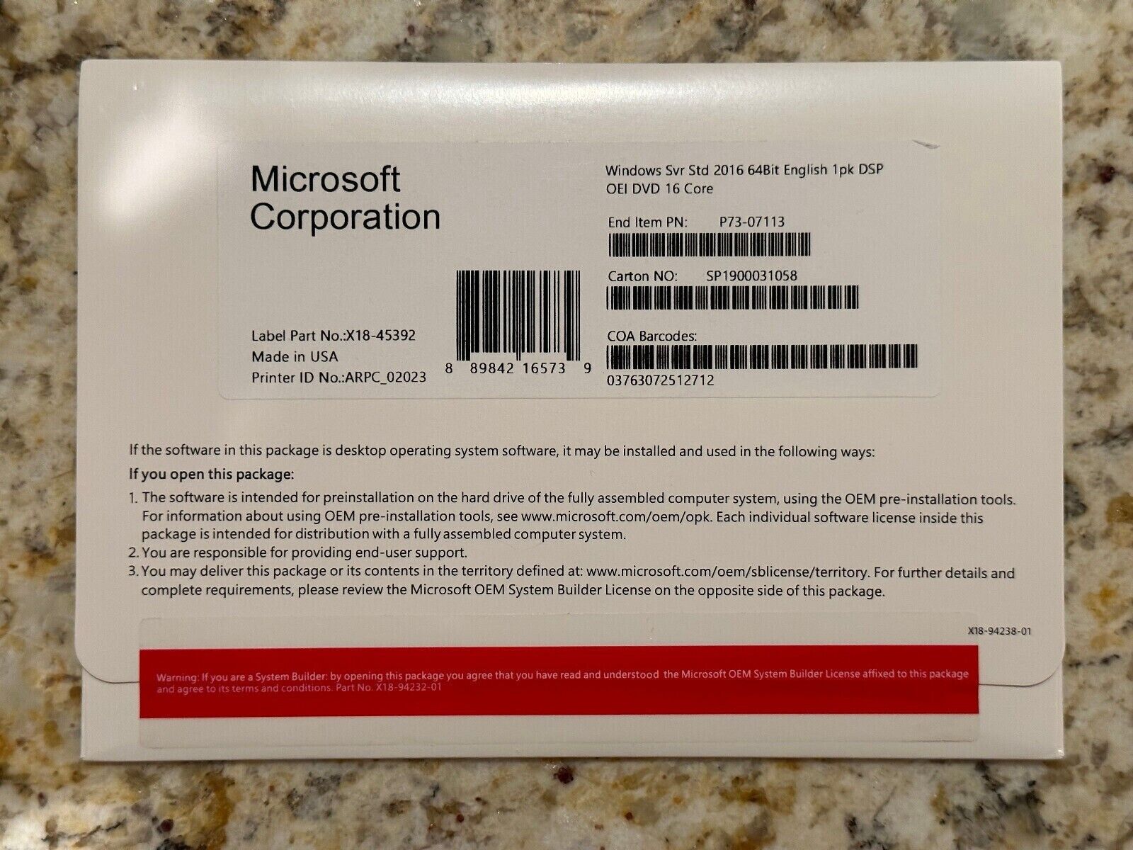 Microsoft Windows Server 2016 Standard x64 DVD 16-Cores + PRODUCT LICENSE KEY HD
