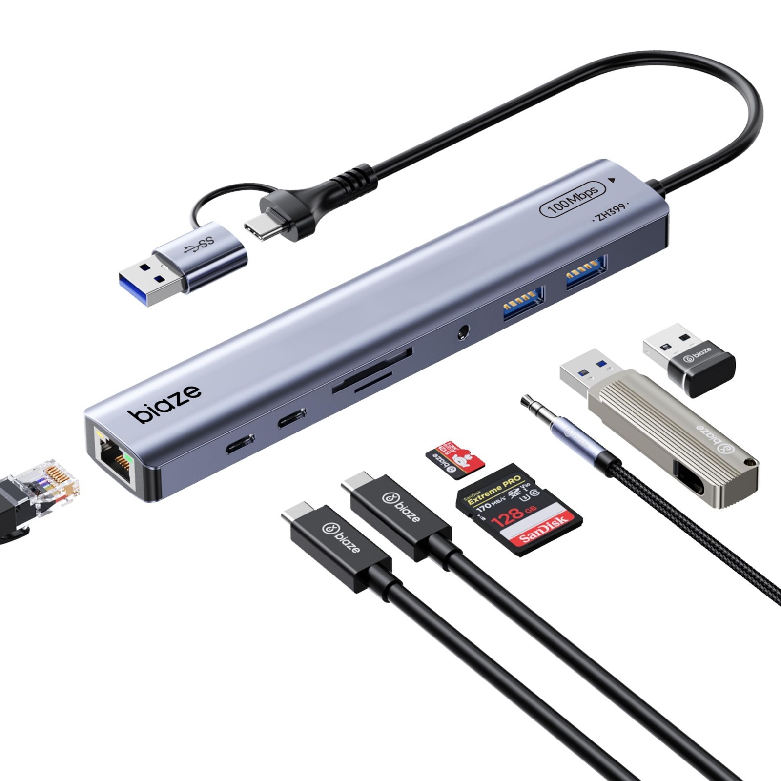 9-in-1 USB C Hub Adapter 3 USB Ports Ethernet SD TF Audio USB-C Data Ports